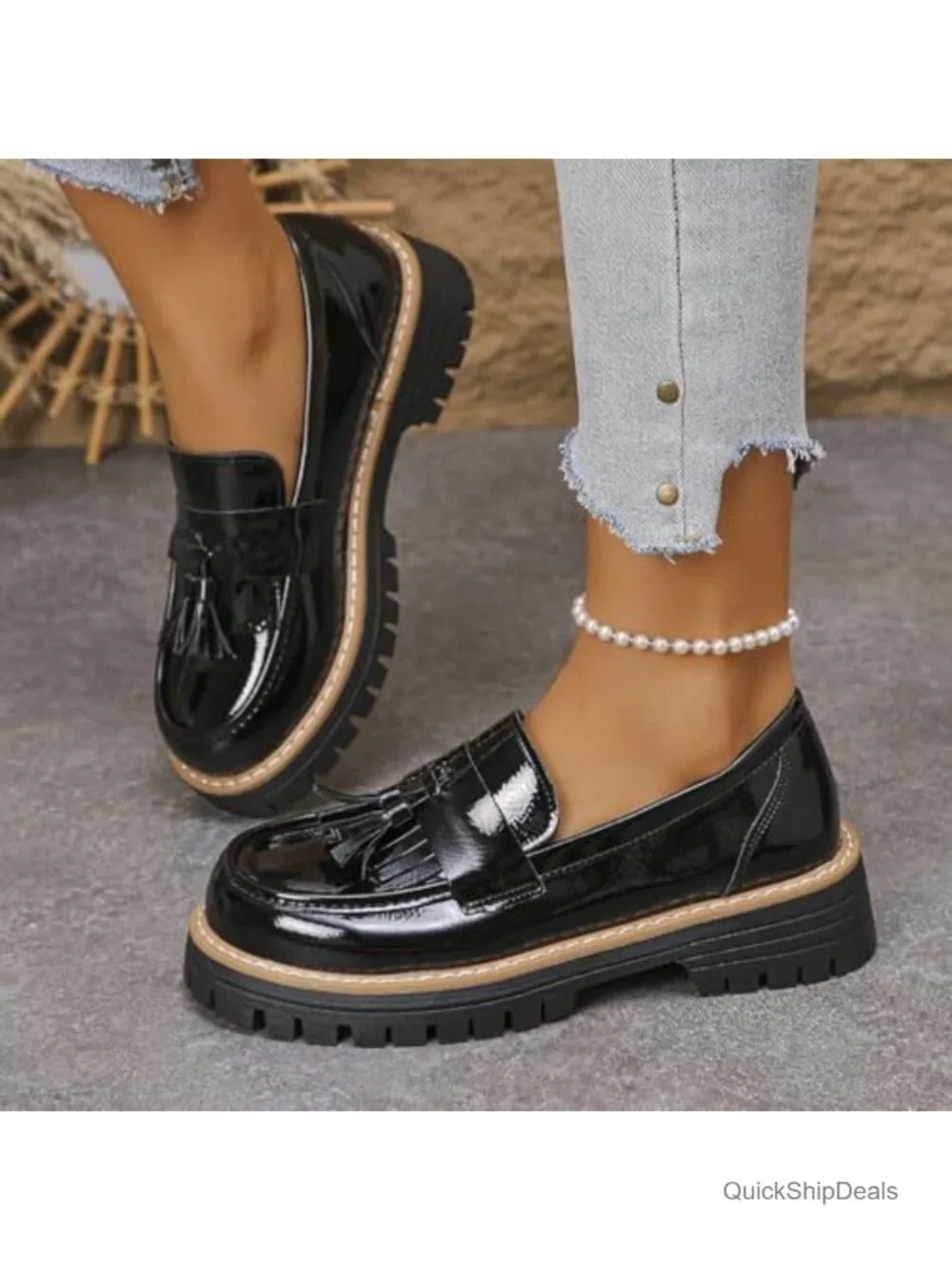 Women's Patent Leather Chunky Heel Penny Loafers Round Toe Slip-On Platform